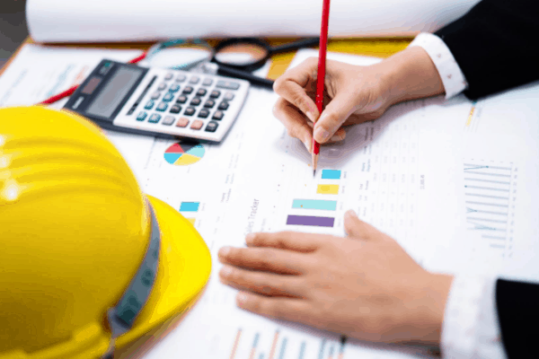 Yellow hard hat on desk with person's hands visible writing on a printout with coloured graph on it